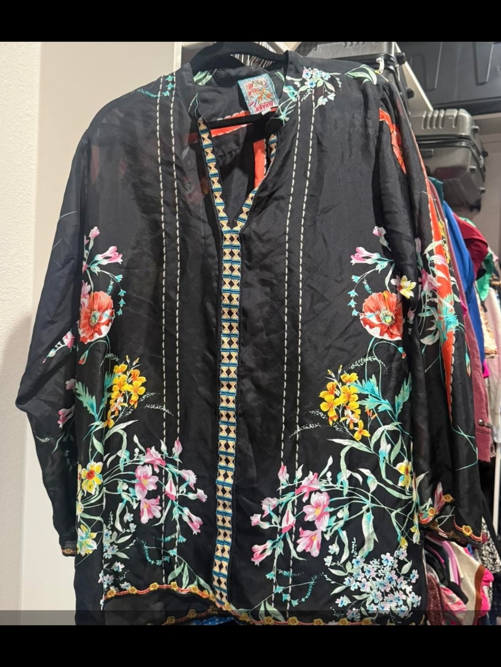 Johnny Was Black Floral Embroidered Blouse